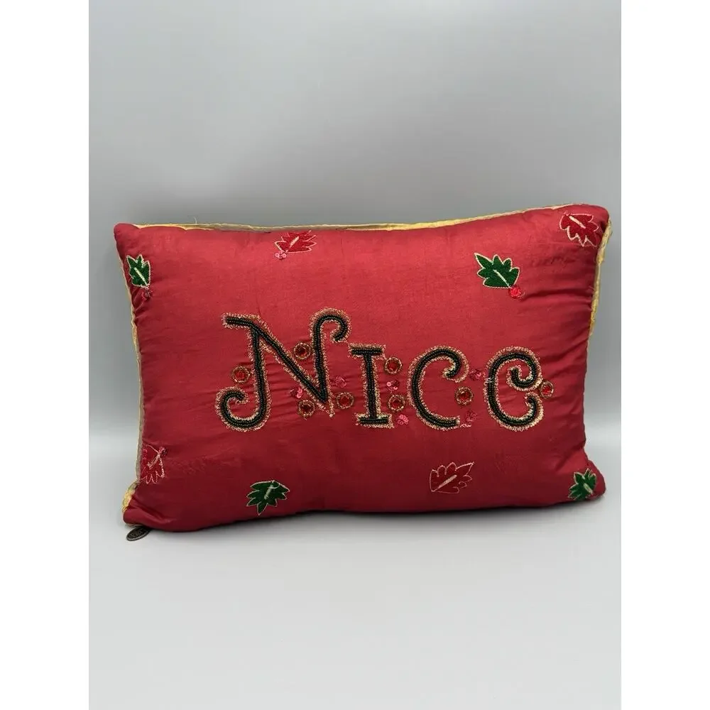 Pier 1 Imports Naughty or Nice Christmas Throw Pillow 17” x 11” Beaded Sequins